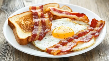 Poster - A breakfast plate with crispy bacon, fried eggs, and fresh toast, arranged on a rustic wooden table with natural light.