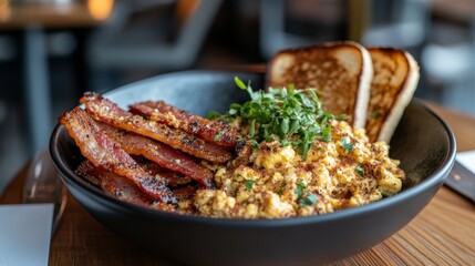 Poster - A breakfast plate with crispy bacon strips, scrambled eggs, and toast, served on a rustic table with natural light.