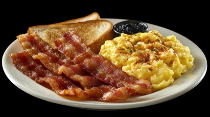 Poster - A breakfast plate with crispy bacon strips, scrambled eggs, and toast, served on a rustic table with natural light.