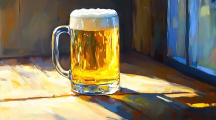 Aufkleber - A classic beer mug filled with cold, golden beer and a thick layer of foam, resting on a wooden table with the sunlight casting a warm glow.