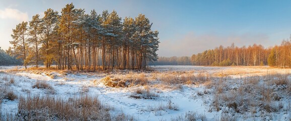 Poster - Snowy winter landscape with frosted grass and pine trees at sunrise.