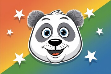 Wall Mural - A cheerful panda face cartoon against a colorful background with stars.