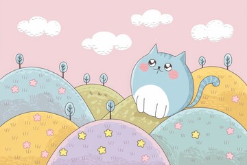 Poster - Cute cartoon cat sitting on pastel hills with flowers and trees.