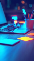 Poster - Blurred Office Setting, Technology and Colorful Notes for Creative Brainstorming Session