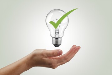 Leinwandbilder - A hand gently holds a lightbulb with a green checkmark, symbolizing a brilliant, approved idea.
