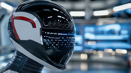 Poster - ai robot intensely observes its surroundings in a high-tech office, illuminated by dynamic blue ligh