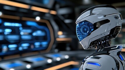 Poster - ai robot intensely observes its surroundings in a high-tech office, illuminated by dynamic blue ligh