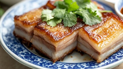 Wall Mural - A close-up of a plate of crispy pork belly, featuring golden-brown crispy skin and juicy meat, garnished with fresh cilantro and served with fish sauce for dipping.