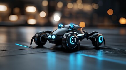 Poster - ai robot intensely observes its surroundings in a high-tech office, illuminated by dynamic blue ligh
