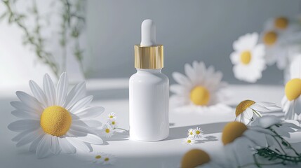 Wall Mural - White bottle with chamomile, skincare product, sunlight, studio.  Use advertising.