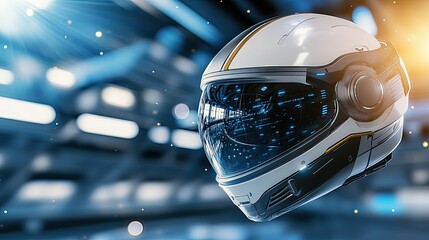 Poster - ai robot intensely observes its surroundings in a high-tech office, illuminated by dynamic blue ligh