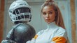 © Irina Kozel - A confident woman in a white and orange sports outfit stands next to a football helmet, showcasing strength and determination in a dynamic setting