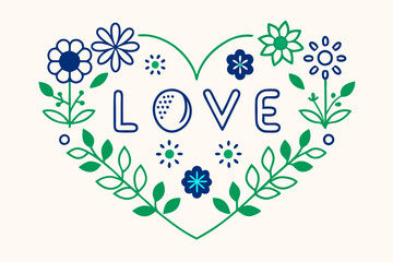 Fototapete - Floral Heart Design, Love Theme, Green Blue Flowers, Line Art