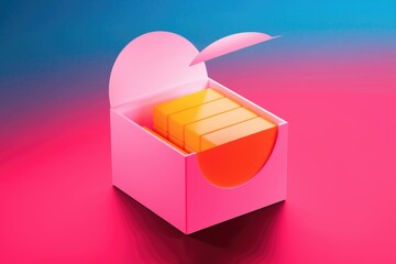 Aufkleber - A pink box with its lid open, revealing neatly stacked orange rectangular objects inside.