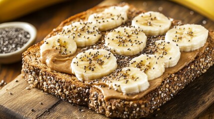 Poster - A close-up of a slice of whole grain toast topped with peanut butter and banana slices, sprinkled with chia seeds, showcasing a nutritious snack option.