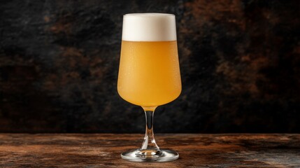 Poster - A close-up of a tall glass of golden beer with a perfect foamy head, set against a dark rustic background, condensation droplets on the glass for a refreshing look.
