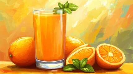 Aufkleber - A close-up of freshly squeezed orange juice served in a tall glass, garnished with a sprig of mint and an orange twist, emphasizing its vibrant color and freshness.