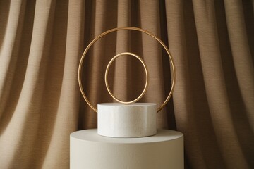 Poster - Minimalist display with gold hoops and textured cylindrical platforms against a brown curtain backdrop.