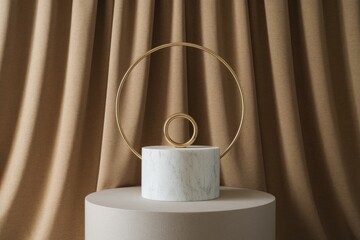 Aufkleber - Minimalist display with marble base, gold rings, and beige curtain backdrop.