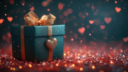 Wall Mural - A glossy emerald-green gift box with a delicate gold ribbon and miniature charm, surrounded by tiny golden stars, set against a vibrant coral and sapphire blue glowing heart bokeh backdrop