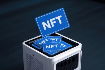 Aufkleber - Blue NFT tokens falling into a white box, signifying digital asset storage and trading.
