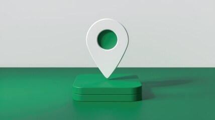 Poster - A 3D rendering of a white location pin on a green platform, symbolizing location services or GPS.