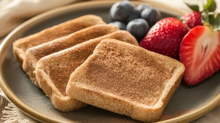 Poster - A close-up of sweet cinnamon toast sprinkled with sugar and cinnamon, served on a plate with a side of fresh fruit for a cozy dessert vibe.