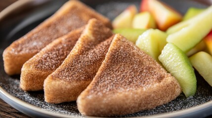 Poster - A close-up of sweet cinnamon toast sprinkled with sugar and cinnamon, served on a plate with a side of fresh fruit for a cozy dessert vibe.