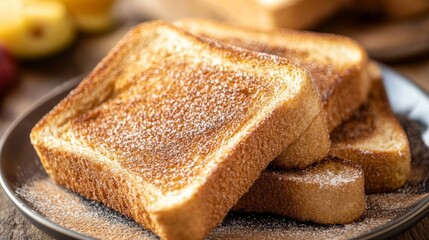 Poster - A close-up of sweet cinnamon toast sprinkled with sugar and cinnamon, served on a plate with a side of fresh fruit for a cozy dessert vibe.