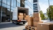 © Gibster - Truck delivery and moving box. Delivery truck unloading boxes outside a modern building.