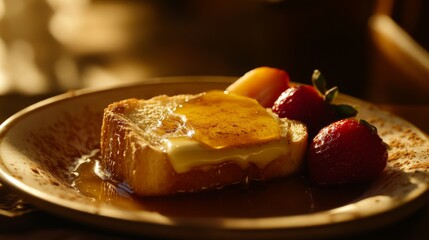 Poster - A close-up view of a slice of honey toast on a plate, oozing with melted butter and syrup, surrounded by fresh fruit and a sprinkle of cinnamon.