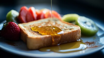 Poster - A close-up view of a slice of honey toast on a plate, oozing with melted butter and syrup, surrounded by fresh fruit and a sprinkle of cinnamon.