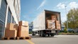 © Gibster - Truck delivery and moving box. Truck unloading boxes at a warehouse with pallets outside in a bright, sunny environment.