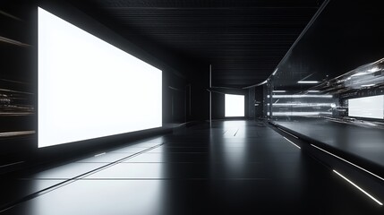 Poster - Modern Exhibition Space with Illuminated white blank Panels in Dark Room. 3D Rendering, HD image