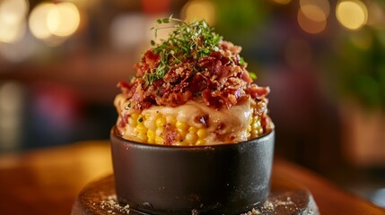 Poster - A cozy arrangement of hot cheese corn served with a side of crispy bacon bits and fresh herbs, emphasizing a delicious and satisfying dining experience.