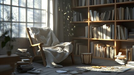 Poster - A cozy reading nook in a minimalist style, featuring a comfortable chair, soft throw blankets, and a small bookshelf, bathed in natural light from nearby windows.