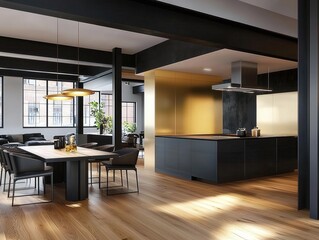 Poster - Modern Stylish Kitchen and Dining Area with Wooden Floor and Large Windows