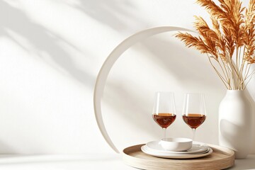 Poster - Elegant Table Setting with Wine Glasses and Dried Flowers on Minimalist Background