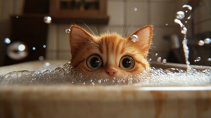 Poster - A cute scene of a cat peering over the edge of a bathtub filled with bubbles, with its face partially submerged and a look of curiosity on its face.
