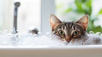 Poster - A cute scene of a cat peering over the edge of a bathtub filled with bubbles, with its face partially submerged and a look of curiosity on its face.