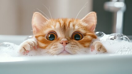Poster - A cute scene of a cat peering over the edge of a bathtub filled with bubbles, with its face partially submerged and a look of curiosity on its face.