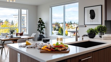 Poster - Stylish Modern Kitchen with Fresh Vegetables and Scenic View of a City Landscape