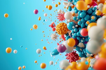 Poster - Colorful Abstract Composition of Spheres and Particles in Vibrant Turquoise Background