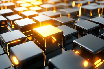 Poster - Shiny Black Cubes with Glowing Orange Light in a Grid Formation for Modern Design Concepts