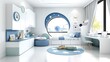 © RAKSIWAH - Modern Child s Room Design  Blue   White Decor  Round Window  Built in Furniture