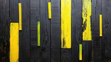 Poster - Abstract Wood Panel Art with Black Background and Bright Yellow Accents for Modern Décor