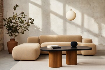 Poster - Modern Minimalist Living Room with Cozy Sofa and Stylish Coffee Table in Natural Light