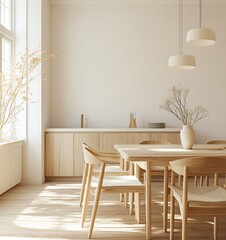 Modern dining room interior with a light wooden table and chairs, white walls, and a minimalistic design of the kitchen area