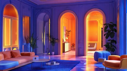 Poster - Generative AI depiction of a vibrant, surreal living room in blue and orange tones, perfect for home decor inspiration.