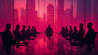 © Dibani - Cityscape meeting executives at long table, urban background, business strategy